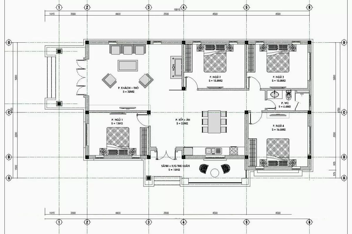 Bản vẽ nhà cấp 4 4 phòng ngủ 400 triệu tiết kiệm chi phí