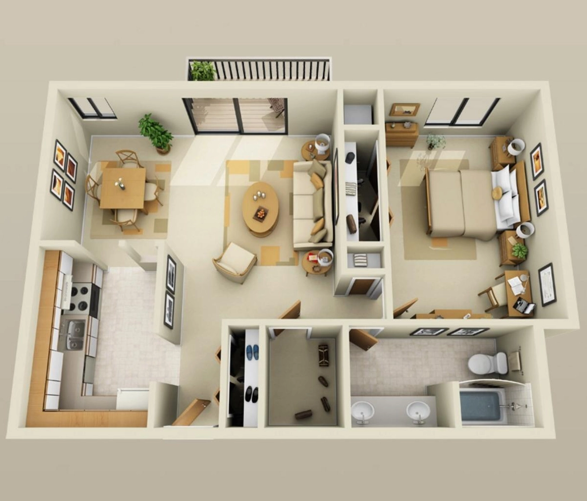 Bản vẽ nhà cấp 4 nông thôn 3D diện tích nhỏ có 1 phòng ngủ tiện nghi