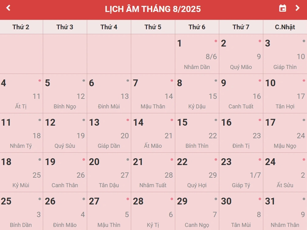 Lịch Âm tháng 8 2025
