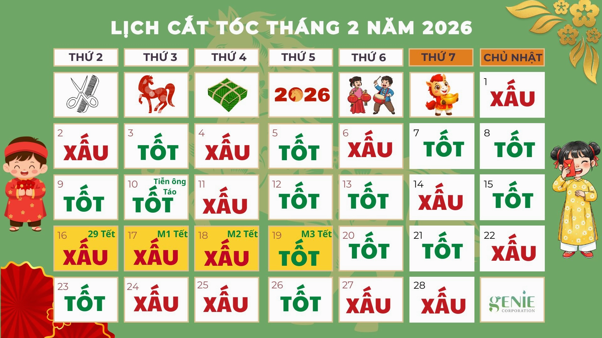 Lịch cắt tóc tháng 2 2026