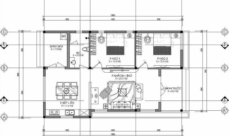 Mẫu bản vẽ nhà cấp 4 mái thái 2 phòng ngủ