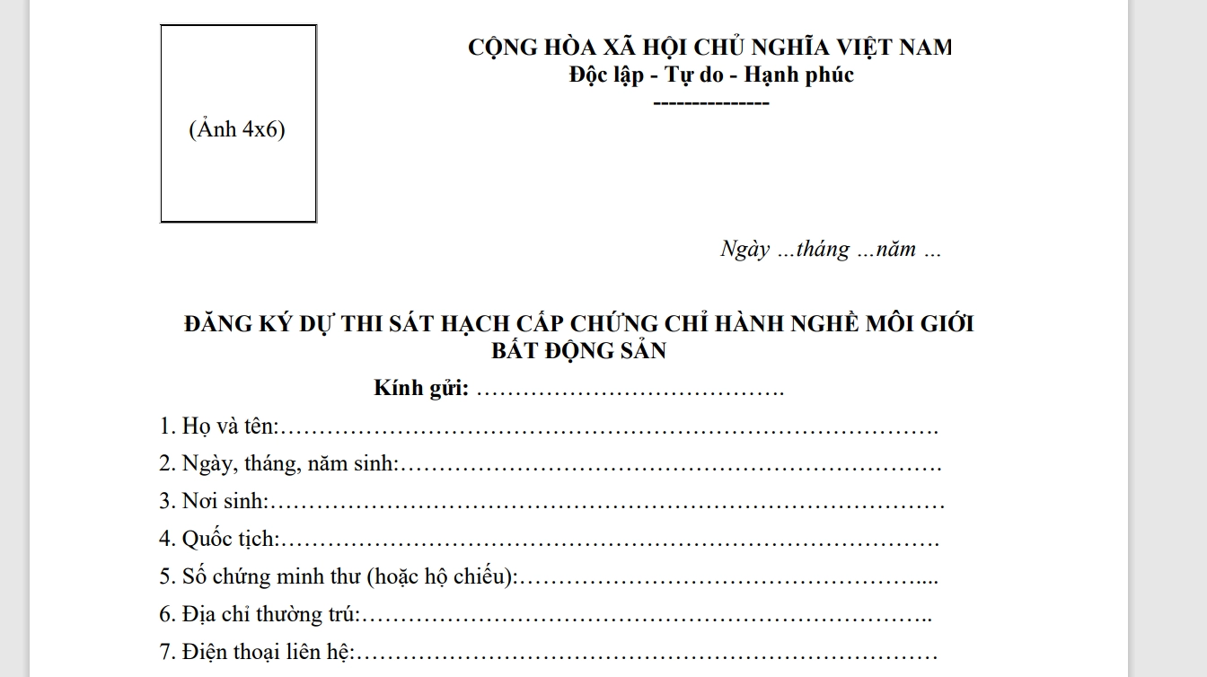Mẫu đơn đăng ký thi chứng chỉ hành nghề môi giới BĐS