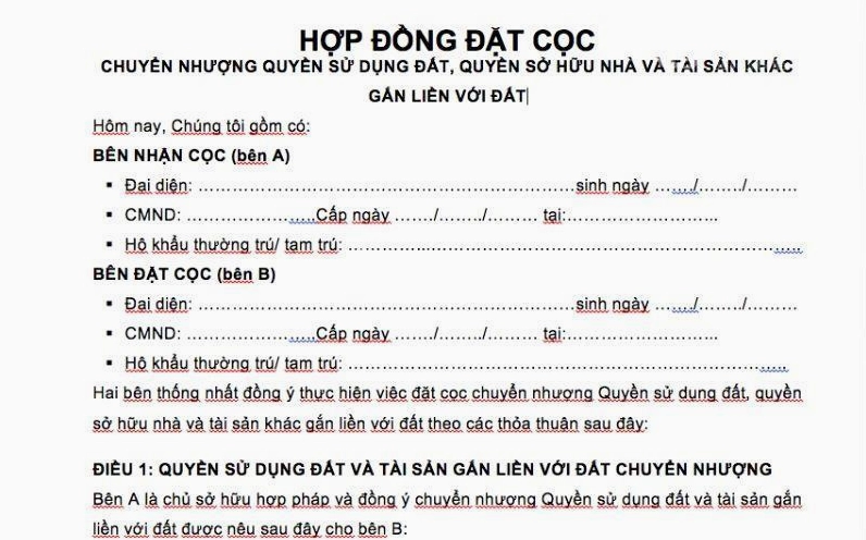 Mẫu giấy đặt cọc mua đất