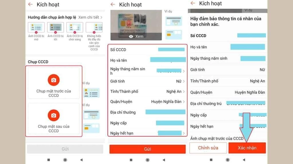 Sau khi chụp đúng 2 mặt CCCD, thông tin khách hàng sẽ hiện ra, bấm gửi và xác nhận