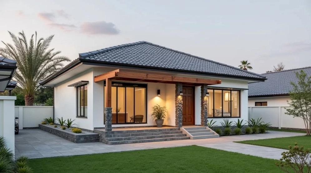 Thiết kế nhà vườn cấp 4 với mái Nhật, hiên rộng và và sân vườn