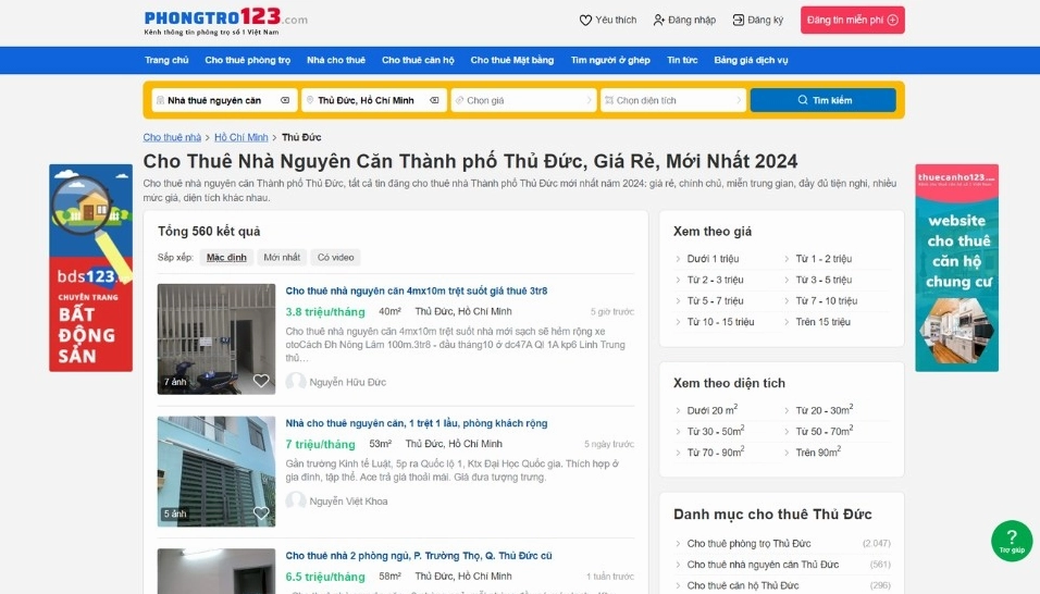 Tìm thuê nhà TP Thủ Đức giá rẻ tại Phongtro123.com