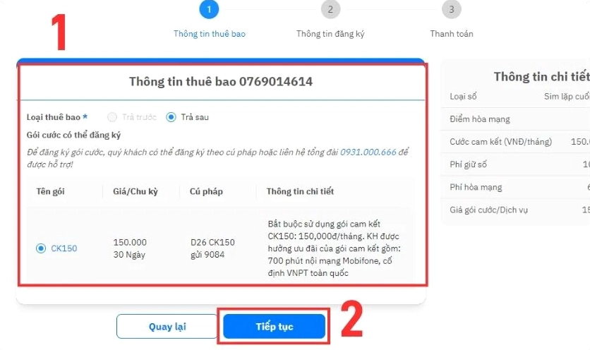 Bạn chọn Loại thuê bao và Gói cước cần đăng ký