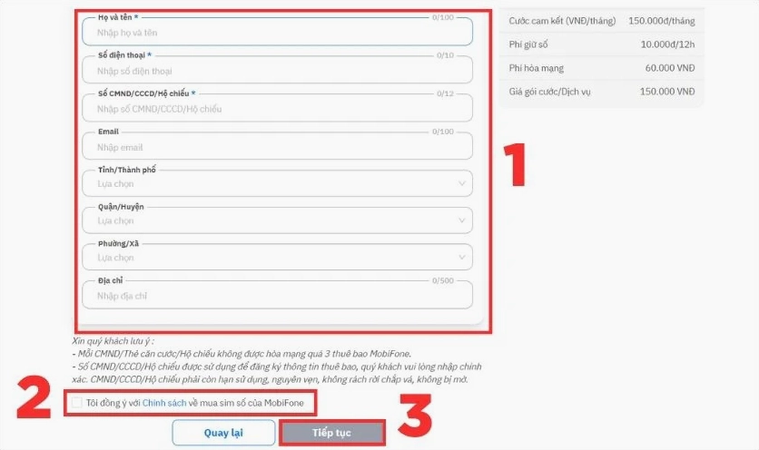 Bạn điền thông tin cá nhân để tiến hành mua SIM 0784