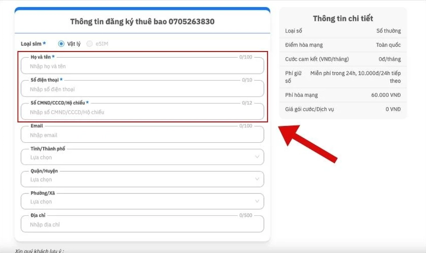 Bạn nhập thông tin của mình như Họ và Tên, SĐT, CCCD vào ô