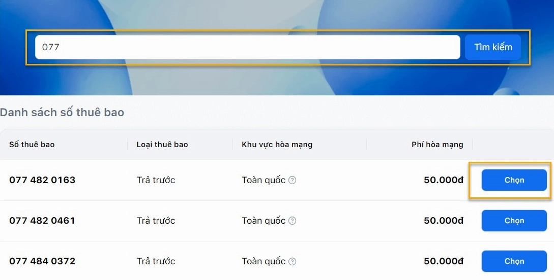 Cách đăng ký thuê bao điện thoại đầu số 077 bước 2