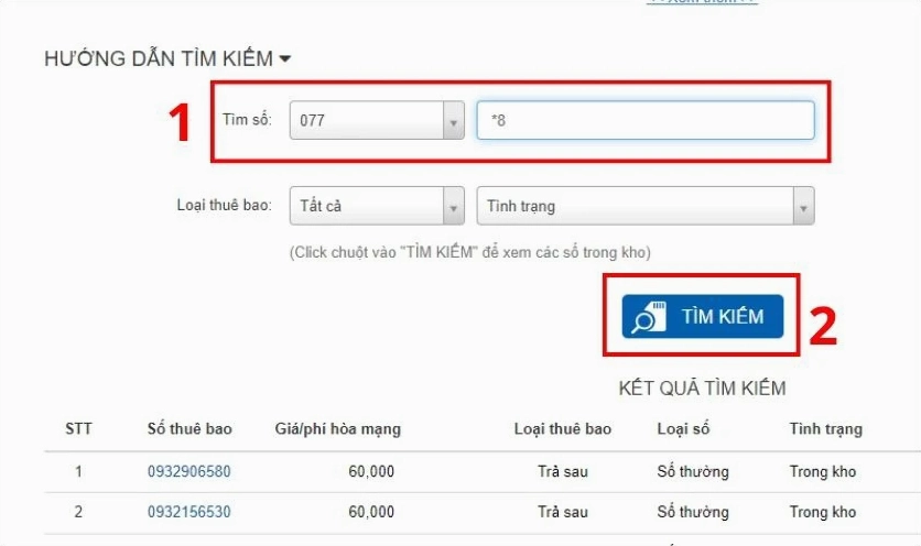 Chọn 077 và tại mục Tìm số, nhập 8* vào ô Số cần tìm