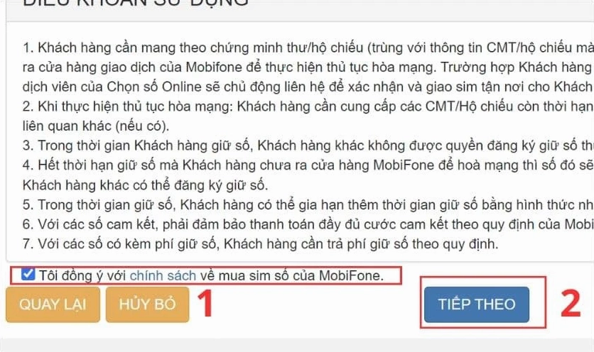 Chọn điều khoản trước khi mua sim