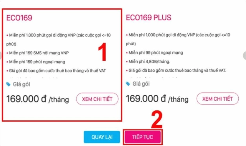 Chọn gói cước mà bạn muốn đăng ký