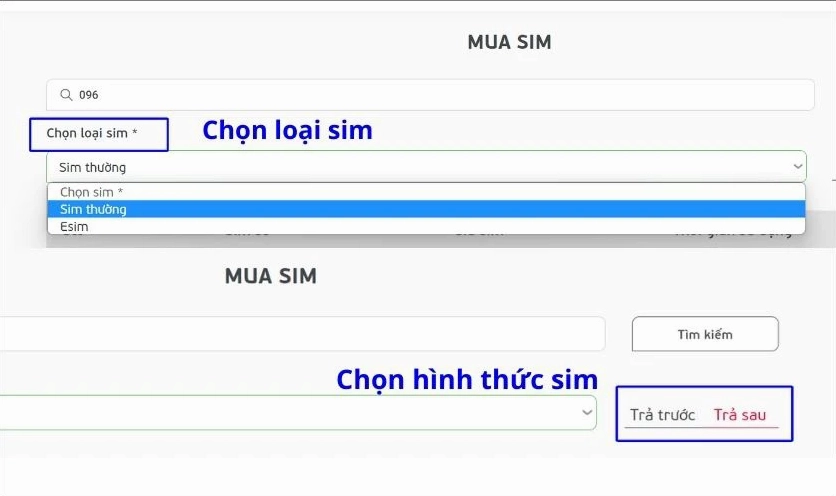 chọn hình thức sim 096