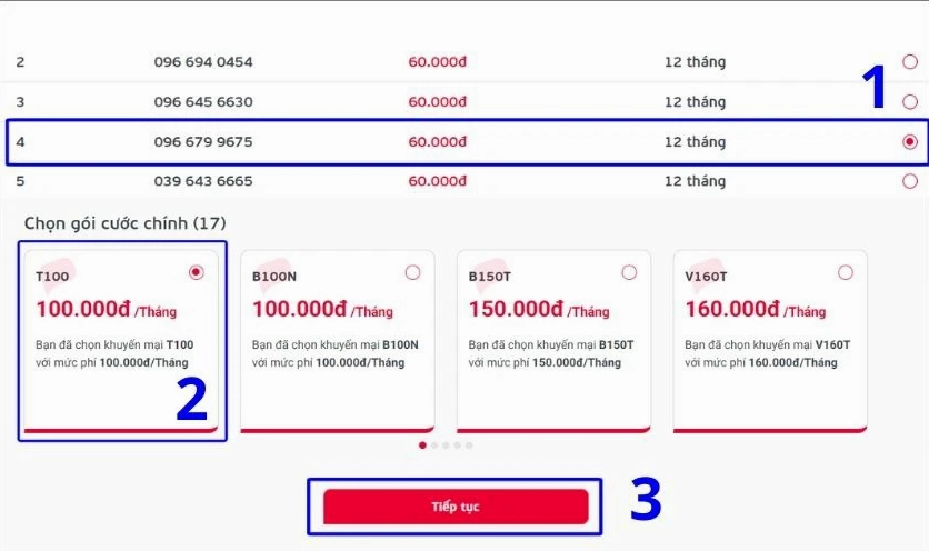 chọn sim và gói cước muốn mua