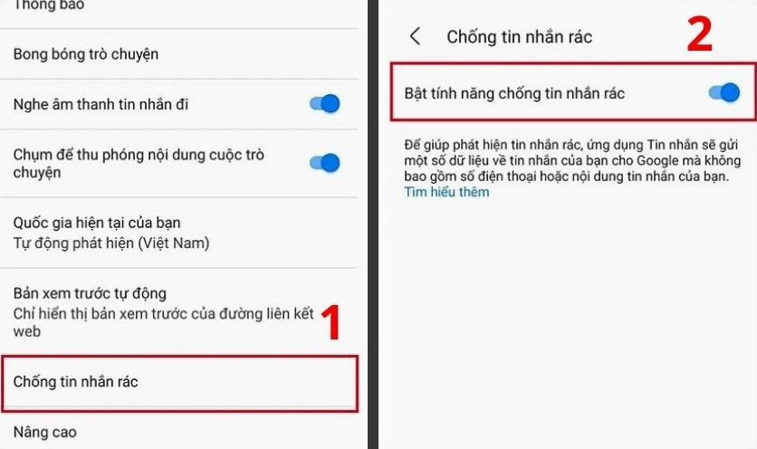 Kích hoạt tính năng chống tin nhắn rác trong Chống tin nhắn rác