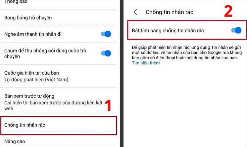 Kích hoạt tính năng chống tin nhắn rác trong Chống tin nhắn rác