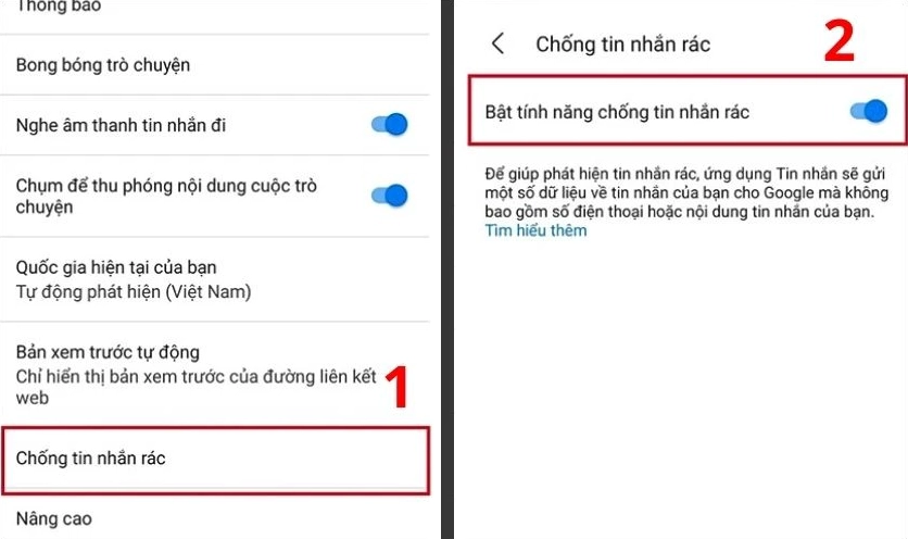 Kích hoạt tính năng chống tin nhắn rác trong Chống tin nhắn rác