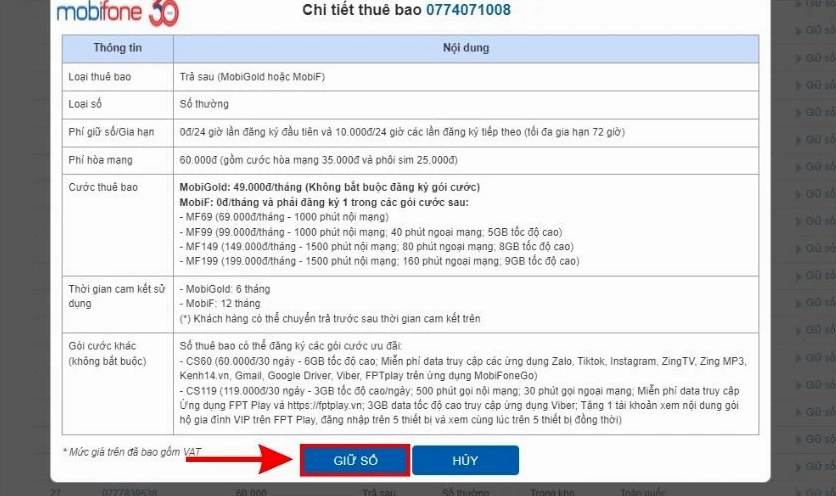 Kiểm tra và nhấp vào nút Giữ số