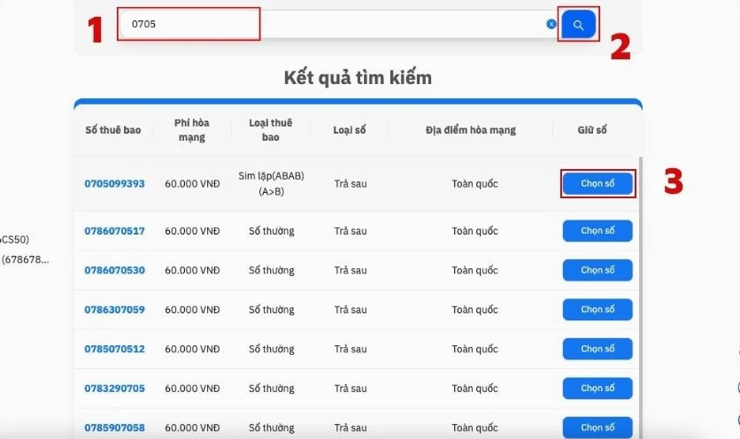 Mua sim 0705 thông qua Website của MobiFone