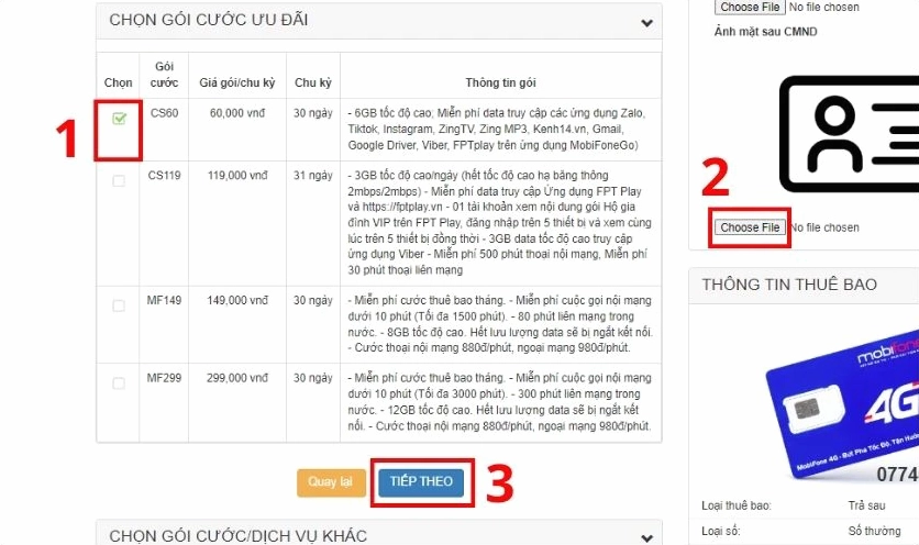 Nhấn vào nút TIẾP THEO để hoàn tất đặt mua sim online