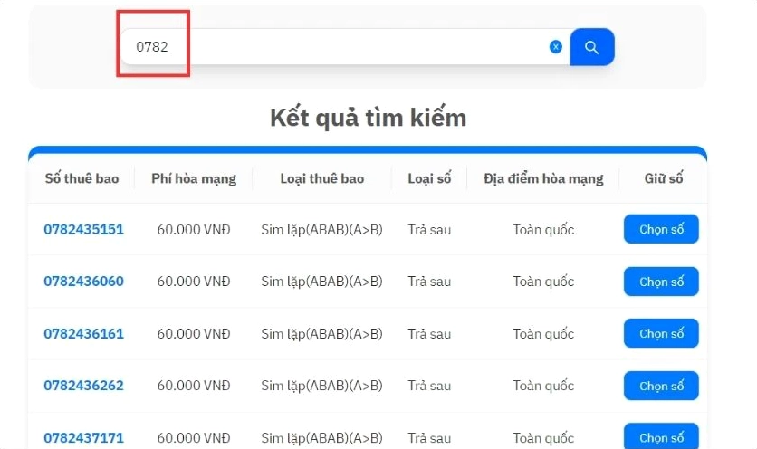 Nhập 0782 vào thanh tìm kiếm