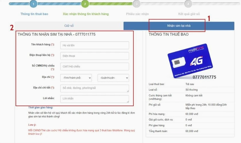 Nhấp chuột chuyển sang ô Nhận sim tại nhà, chọn lệnh Tiếp theo và nhấn Tìm kiếm