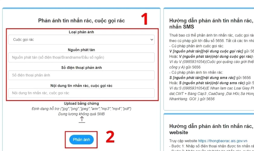 Nhập những thông tin và nhấn Phản ánh