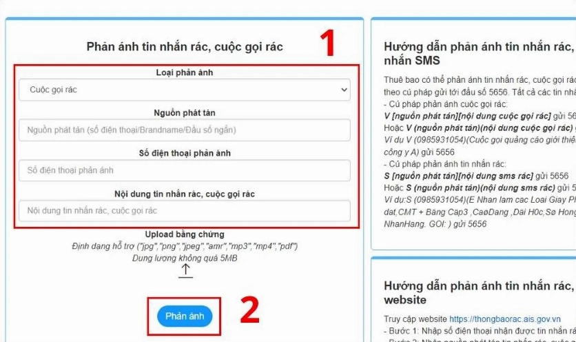 Nhập những thông tin và nhấn Phản ánh