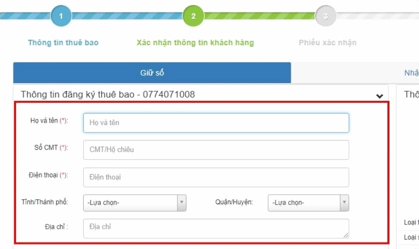 Nhập thông tin cá nhân theo yêu cầu của MobiFone