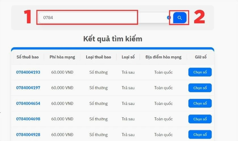 Sau đó bạn hãy gõ tìm số 0784 tại thanh tìm kiếm